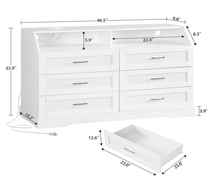 46.5'' Wide White Dresser for Bedroom, 6 Drawer Dresser with Charging Station & LED Lights, Closet Organizer for Bedroom, White
