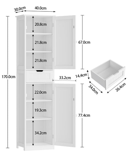 170cm Bathroom Closet, Bathroom Closet Narrow with 2 Doors and 1 Drawer, Bathroom Cabinet with Adjustable Shelves for Bathroom, Living room, Hallway, Kitchen, 40x30x170 cm, White