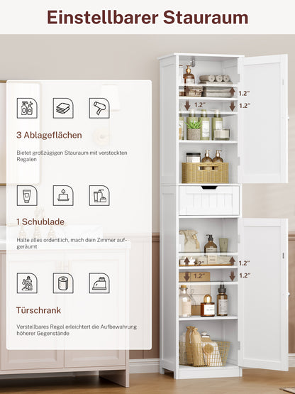 170cm Bathroom Closet, Bathroom Closet Narrow with 2 Doors and 1 Drawer, Bathroom Cabinet with Adjustable Shelves for Bathroom, Living room, Hallway, Kitchen, 40x30x170 cm, White