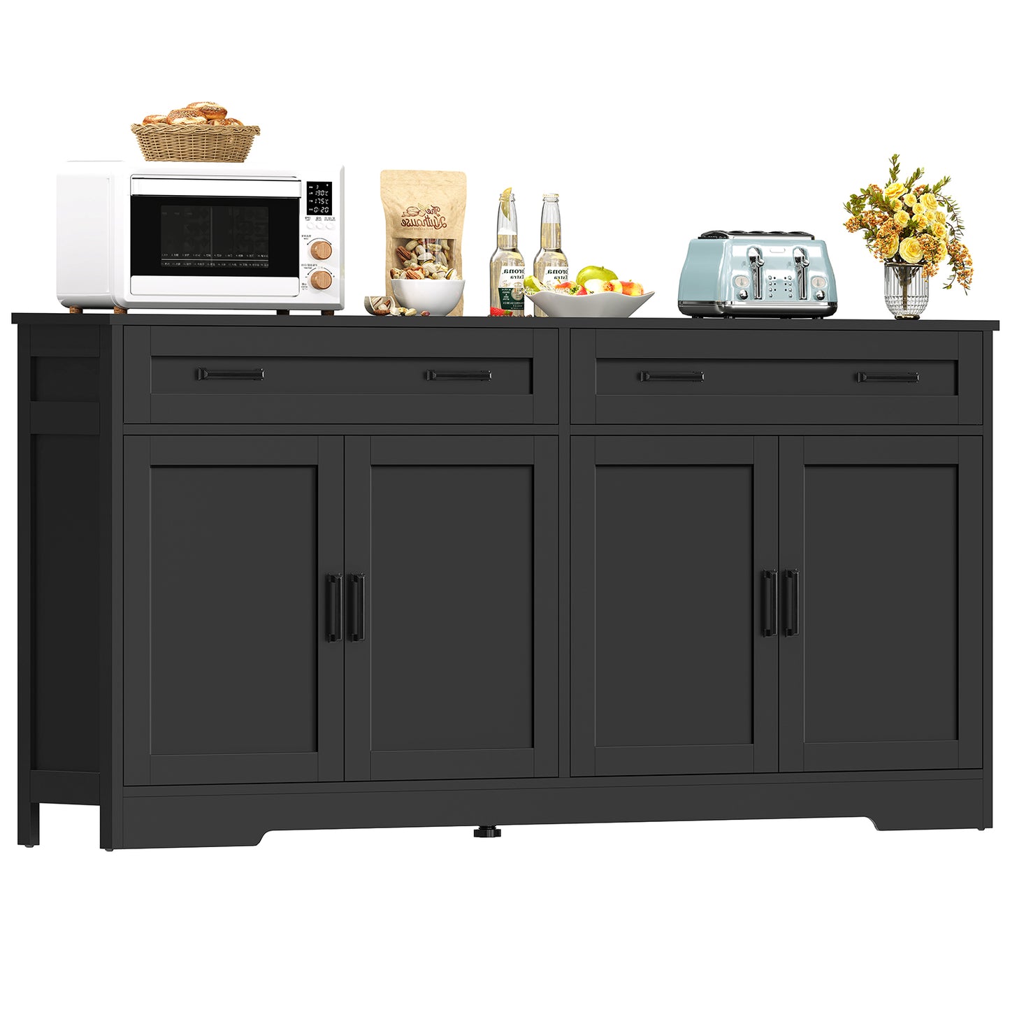 TEENFON 63” Buffet Cabinet with Storage and 2 Drawers, Large Sideboard Cabinet with 2 Adjustable Shelves and 4 Doors, Coffee Bar, Buffet Table for Kitchen, Dining Room, White
