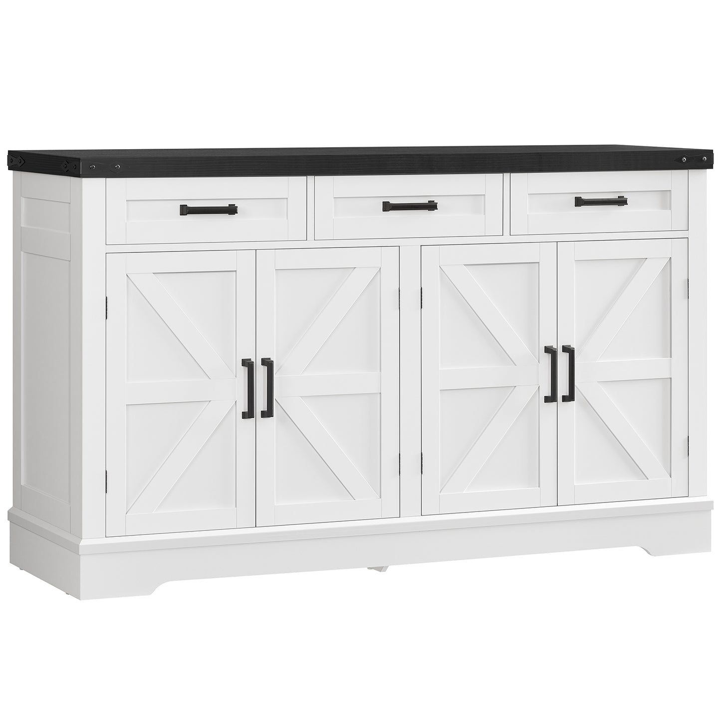 TEENFON 55”W Buffet Cabinet with 3 Large Drawers & 2 Adjustable Shelves, Modern Farmhouse Sideboard Buffet Cabinet with Storage, Credenza, Coffee Bar, White