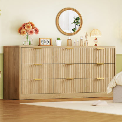 TEENFON Fluted Dresser for Bedroom with 9 Drawers, 63" Wide Modern Chest of Drawers with Metal Handle & Curved Profile Design, Wood Closet Clothes Storage Organizer for Living Room, Hallway, Natural