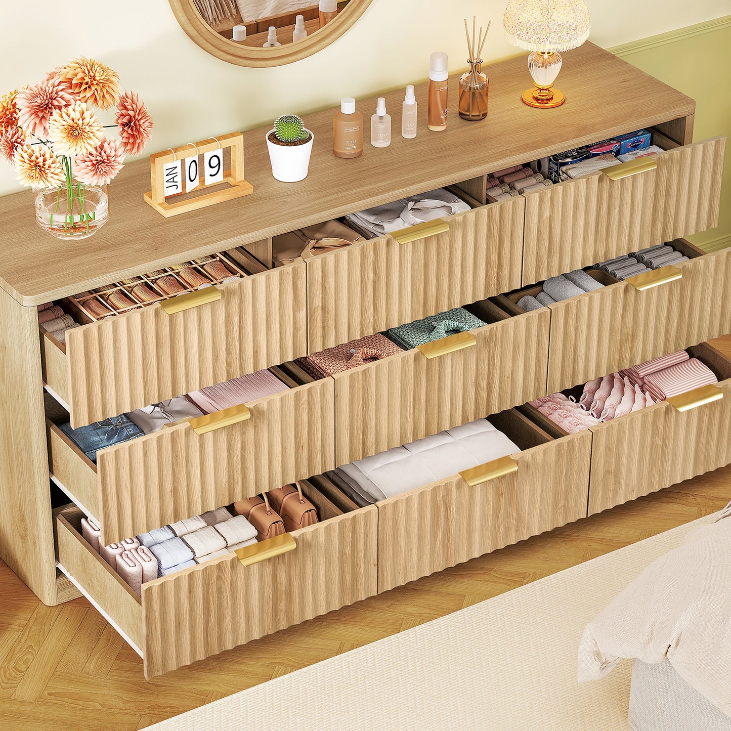 TEENFON Fluted Dresser for Bedroom with 9 Drawers, 63" Wide Modern Chest of Drawers with Metal Handle & Curved Profile Design, Wood Closet Clothes Storage Organizer for Living Room, Hallway, Natural