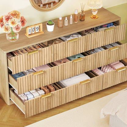 TEENFON Fluted Dresser for Bedroom with 9 Drawers, 63" Wide Modern Chest of Drawers with Metal Handle & Curved Profile Design, Wood Closet Clothes Storage Organizer for Living Room, Hallway, Natural