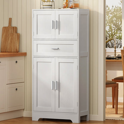 TEENFON Bathroom Storage Cabinet with Adjustable Shelf & Large Drawer, Tall Storage Cabinet with 4 Doors, Kitchen Pantry Storage Cabinets, for Living Room, Dining Room, Home Office, Entryway, White