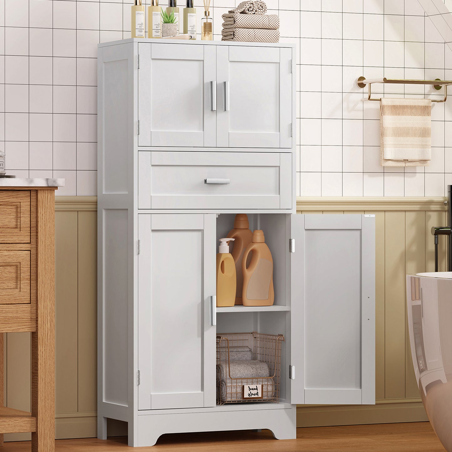TEENFON Bathroom Storage Cabinet with Adjustable Shelf & Large Drawer, Tall Storage Cabinet with 4 Doors, Kitchen Pantry Storage Cabinets, for Living Room, Dining Room, Home Office, Entryway