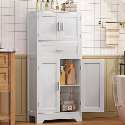 TEENFON Bathroom Storage Cabinet with Adjustable Shelf & Large Drawer, Tall Storage Cabinet with 4 Doors, Kitchen Pantry Storage Cabinets, for Living Room, Dining Room, Home Office, Entryway, White