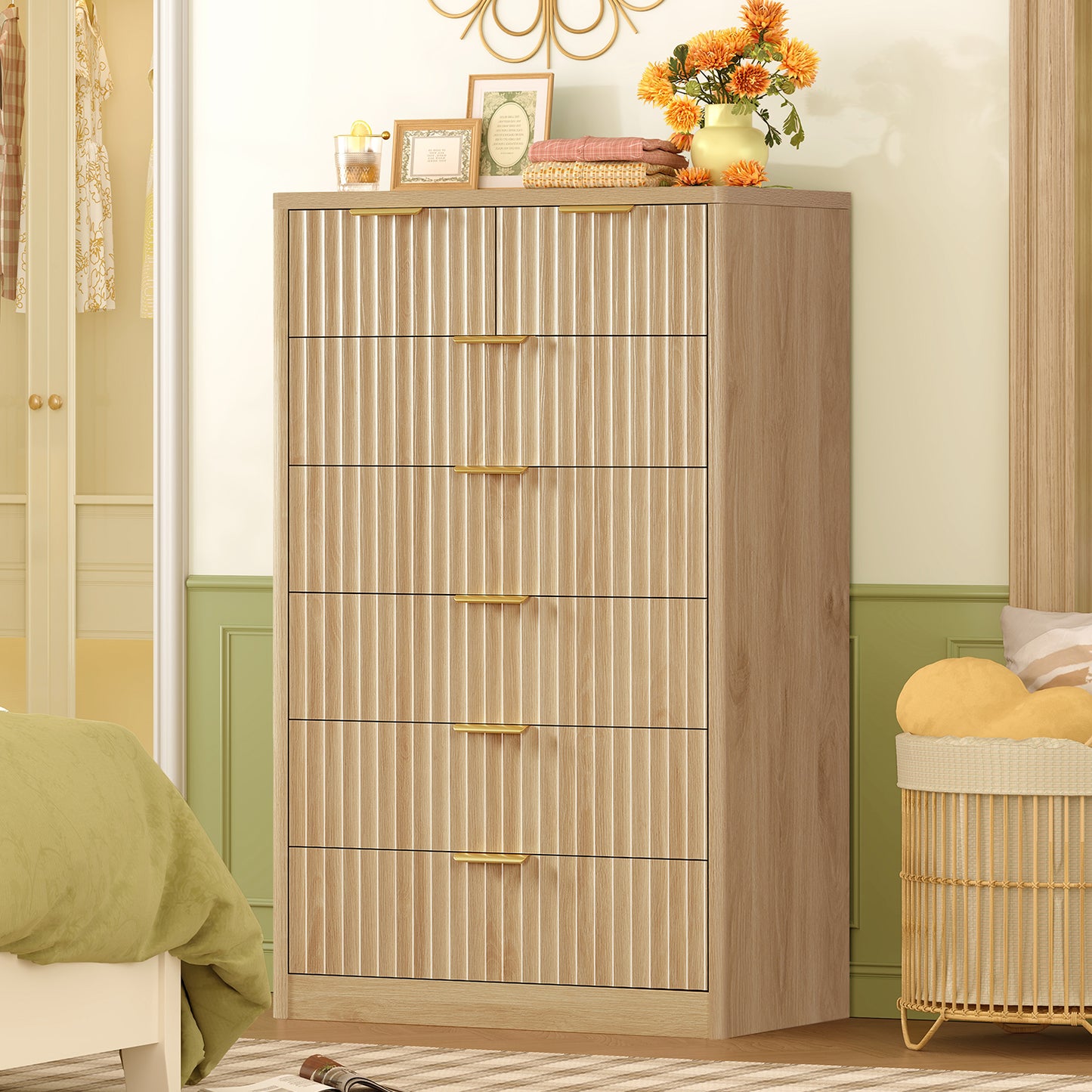 TEENOFN Fluted Dresser for Bedroom with 7 Drawers, 48" Tall Modern Chest of Drawers with Metal Handle, Wooden Dresser TV Stand, Wood Closet Clothes Storage Organizer for Living Room, Hallway, Natural