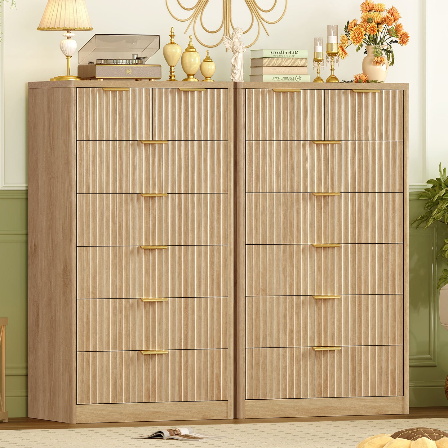 TEENOFN Fluted Dresser for Bedroom with 7 Drawers, 48" Tall Modern Chest of Drawers with Metal Handle, Wooden Dresser TV Stand, Wood Closet Clothes Storage Organizer for Living Room, Hallway, Natural
