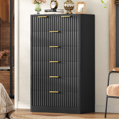 TEENOFN Fluted Dresser for Bedroom with 7 Drawers, 48" Tall Modern Chest of Drawers with Metal Handle, Wooden Dresser TV Stand, Wood Closet Clothes Storage Organizer for Living Room, Hallway, Black