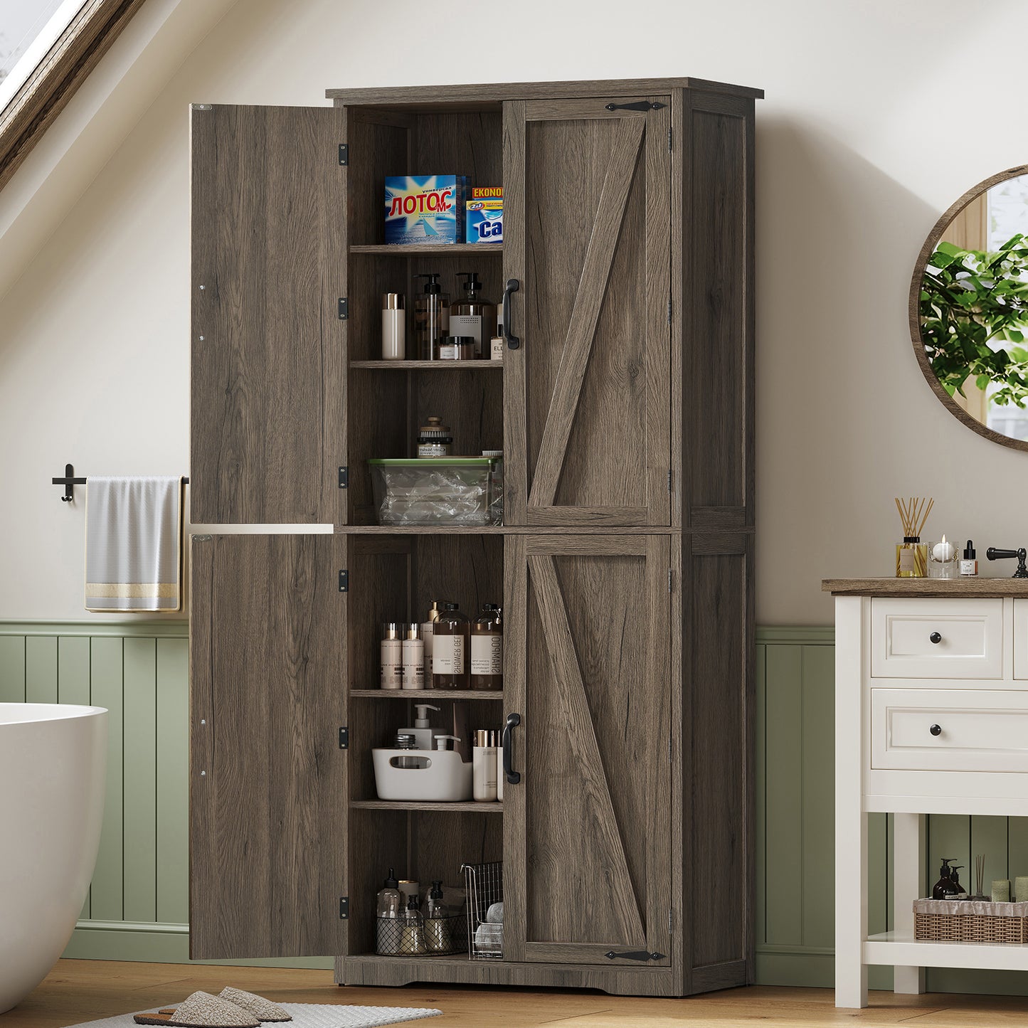 TEENFON 67" Kitchen Pantry Cabinet with 4 Doors, Farmhouse Pantry Cabinet with Adjustable Shelves, Storage Cabinet for Kitchen, Bathroom, Living Room, White