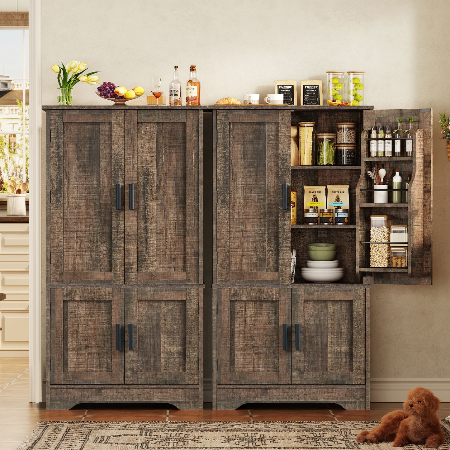 TEENFON 43.3 Tall Metal Kitchen Pantry Storage Cabinets with 2 Door and 5 Adjustable Shelves, Cupboard for Kitchen, Dining Room, Living Room and Bathroom,