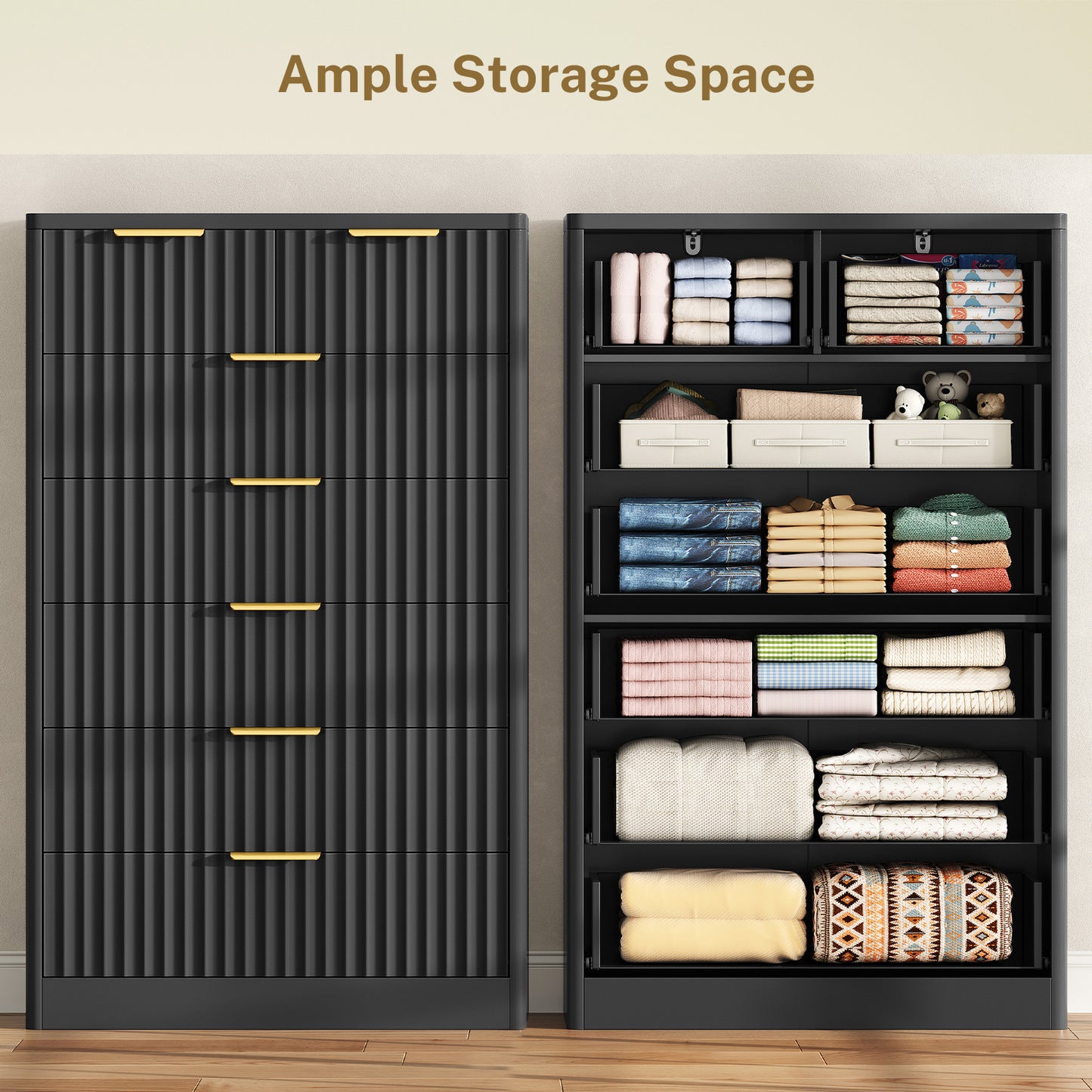 TEENOFN Fluted Dresser for Bedroom with 7 Drawers, 48" Tall Modern Chest of Drawers with Metal Handle, Wooden Dresser TV Stand, Wood Closet Clothes Storage Organizer for Living Room, Hallway, Black