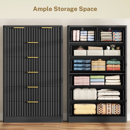 TEENOFN Fluted Dresser for Bedroom with 7 Drawers, 48" Tall Modern Chest of Drawers with Metal Handle, Wooden Dresser TV Stand, Wood Closet Clothes Storage Organizer for Living Room, Hallway, Black