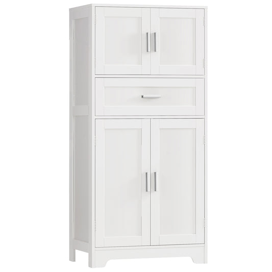 TEENFON Bathroom Storage Cabinet with Adjustable Shelf & Large Drawer, Tall Storage Cabinet with 4 Doors, Kitchen Pantry Storage Cabinets, for Living Room, Dining Room, Home Office, Entryway, White