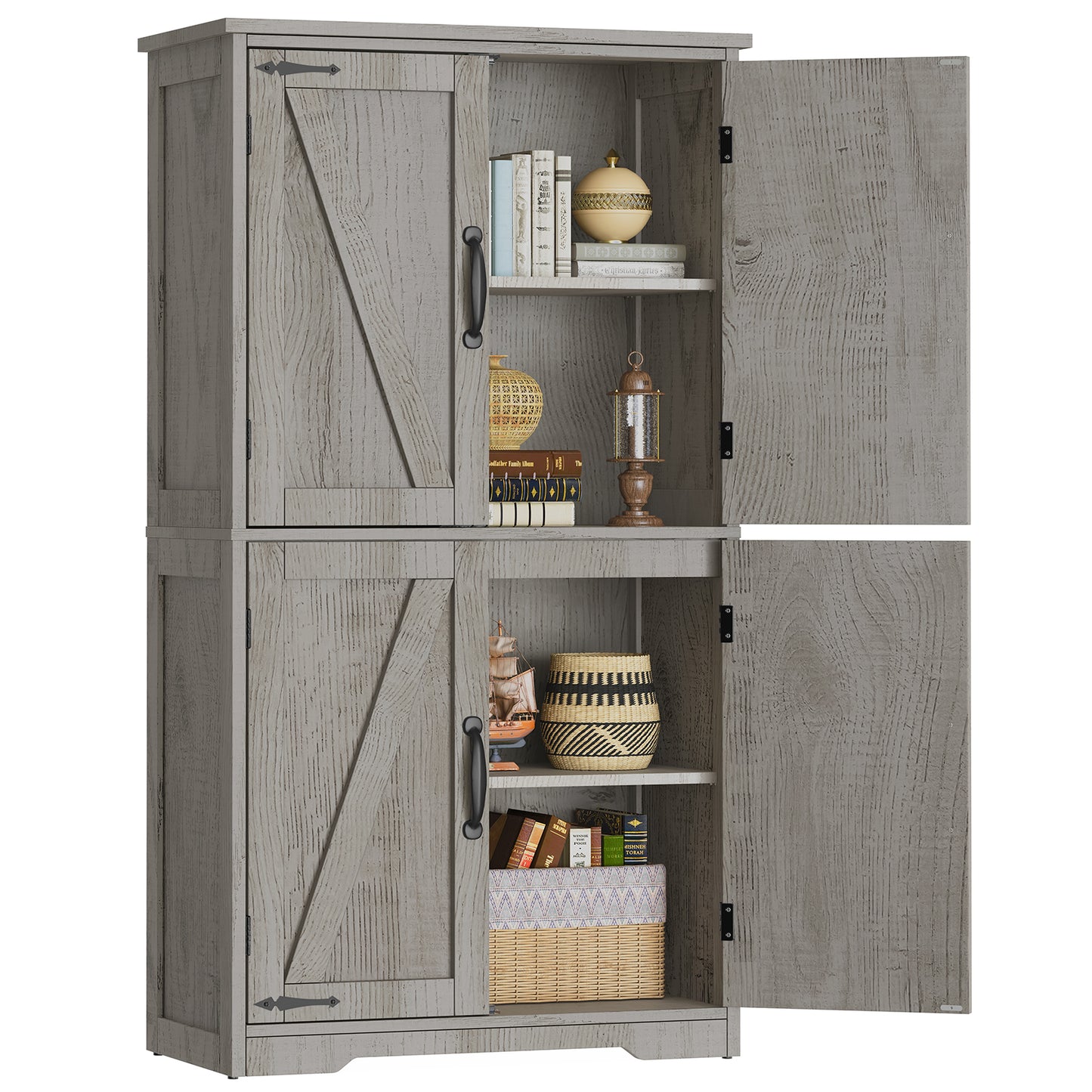 TEENFON Farmhouse Storage Cabinet with 2 Adjustable Shelves, Bathroom Cabinet with 4 Doors, Cupboard for Kitchen, Living Room, Rustic Gray