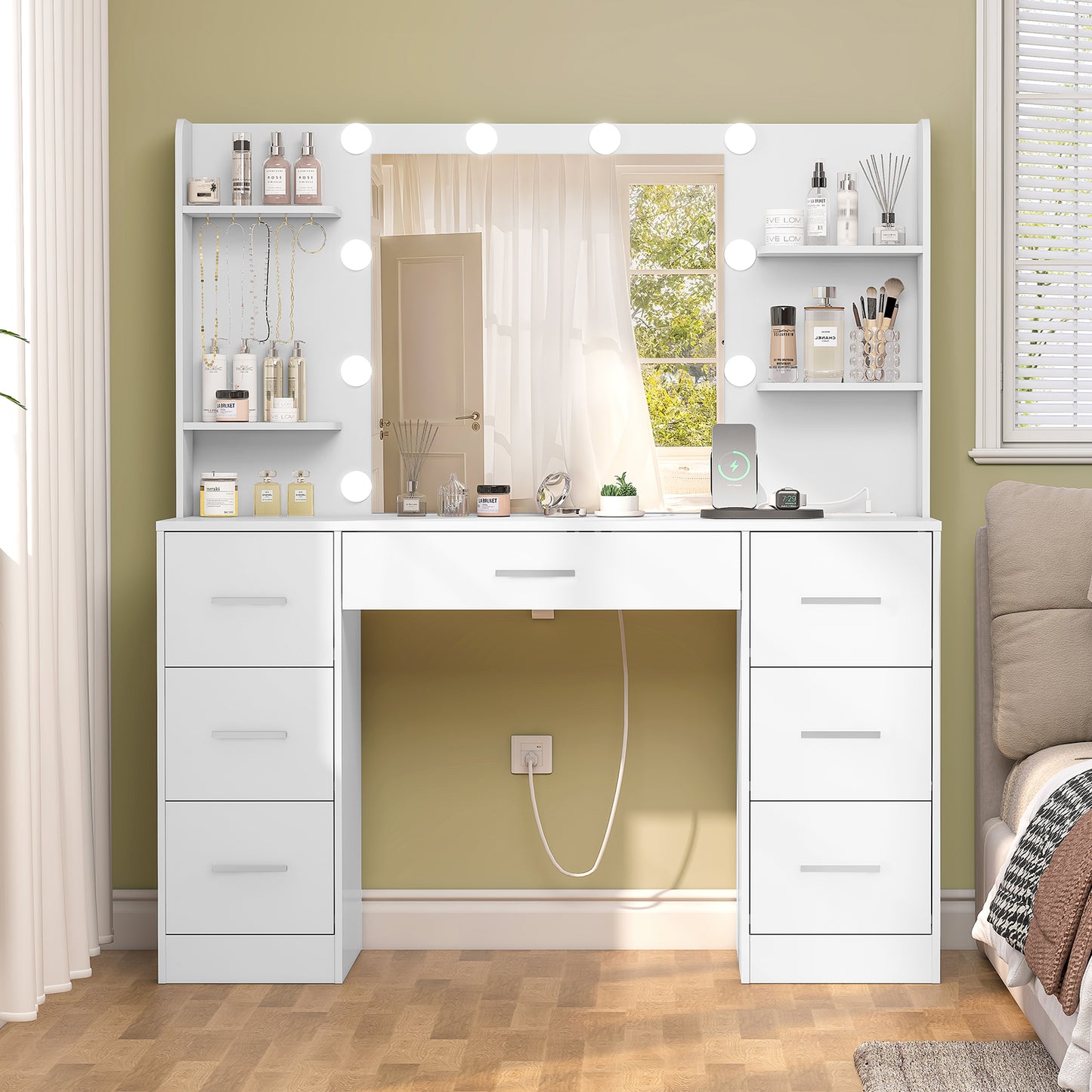 TEENFON Vanity Desk with LED Light Mirror & Power Outlet, 3 Adjustable Light Color, Makeup Vanity with 7 Drawers, 4 Shelves, 5 Jewel Hooks, White Vanity for Bedroom, Girls Vanity