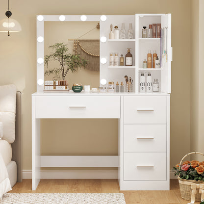 TEENFON Makeup Vanity with Lights, Vanity Desk with Mirror and 10 LED Lights, White Table with 4 Drawers, Cabinet & 4 Necklace Hooks, Dressing Table for Bedroom,Grils Vanity, White