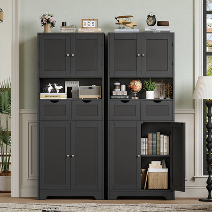 TEENFON 57.8" H Tall Storage Cabinet with 2 Drawers & 2 Adjustable Shelves, Bathroom Storage Cabinet with 4 Doors, Floor Cupboard, for Living Room, Dining Room, Entryway, Woodgrain Gray