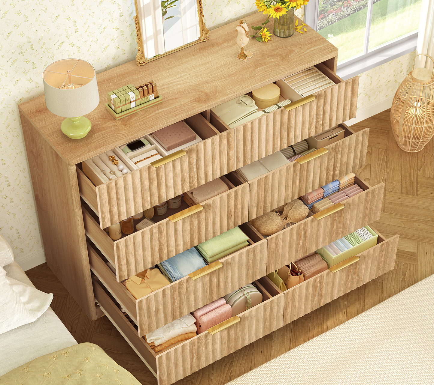 TEENOFN Fluted Dresser for Bedroom with 8 Drawers, 47.2" Wide Modern Chest of Drawers with Metal Handle, Dresser TV Stand, Wood Closet Clothes Storage Organizer for Living Room, Hallway, Natural