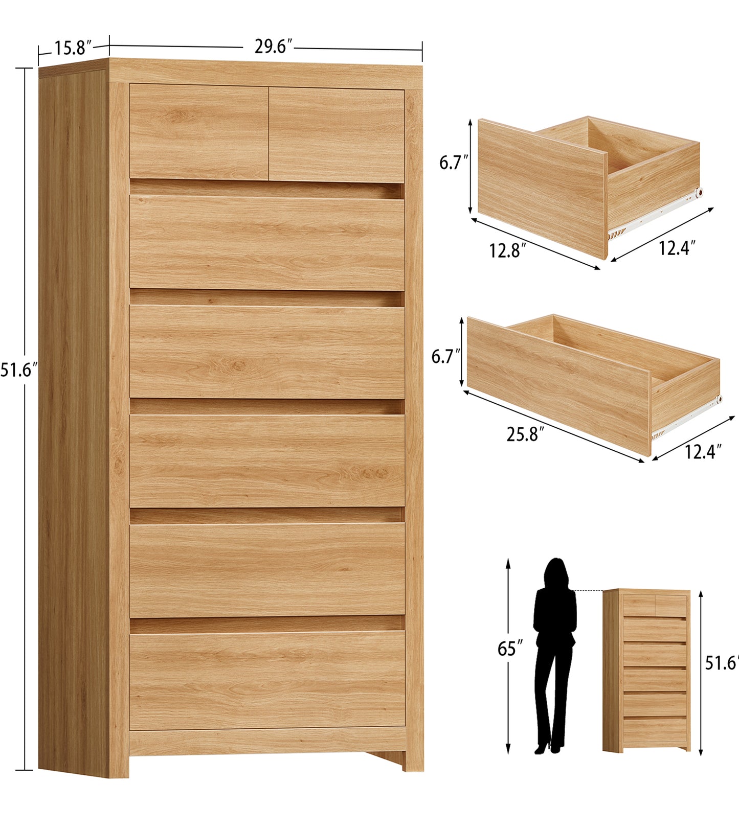 TEENFON 51.6" Tall Dresser for Bedroom with 7 Drawers, Modern Dressers & Chests of Drawers with Metal Handles, Wooden Dresser TV Stand, Bedroom Dressers for Living Room, Hallway, Natural