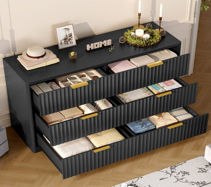 TEENFON Fluted 6 Drawer Dresser for Bedroom, Wide Modern Chest of Drawers with Metal Handle, Curved Profile Design, Wood Closet Clothes Storage Organizer for Bedroom, Living Room, Hallway, Black