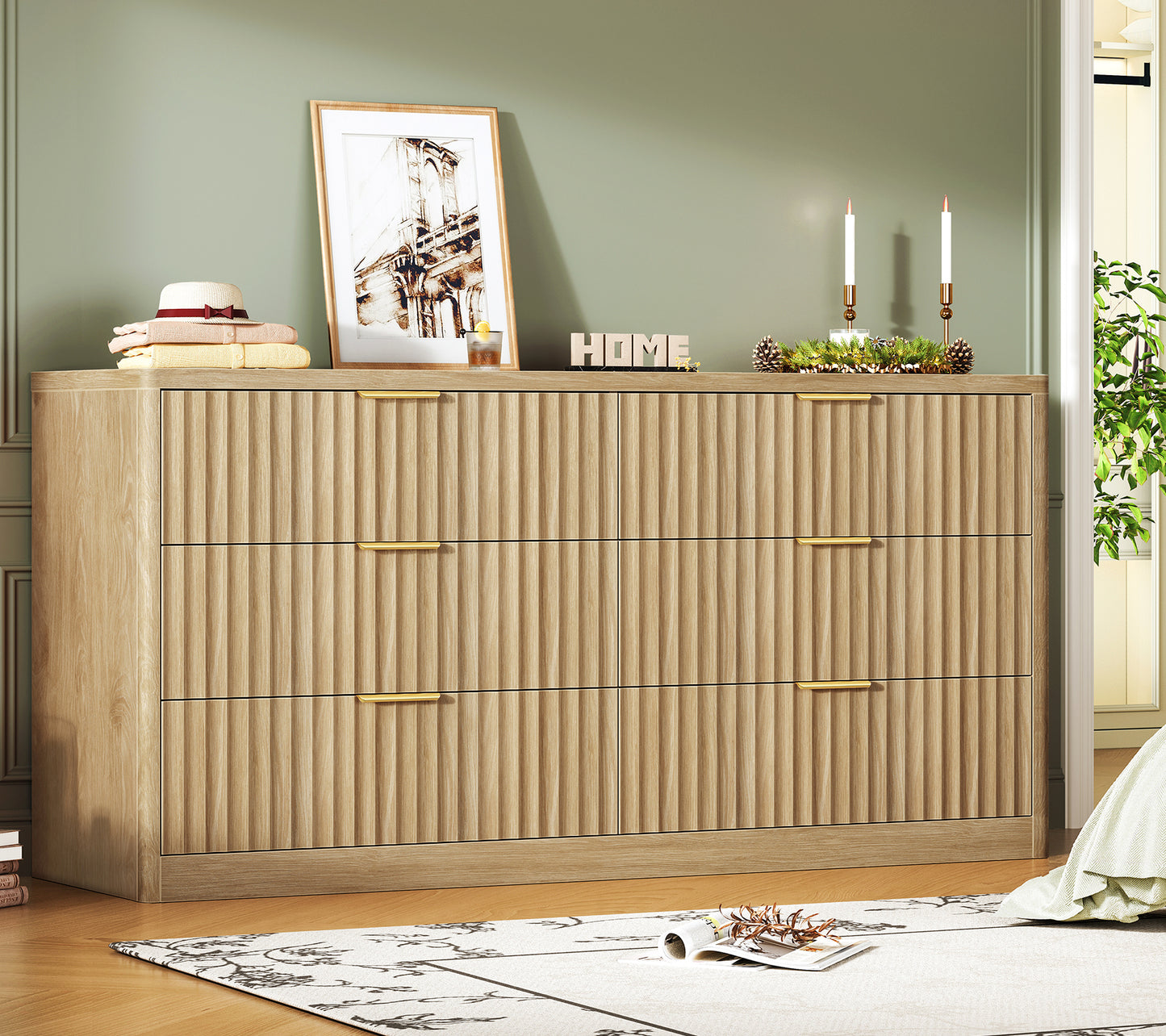 TEENFON 56.3'' Dresser for Bedroom with 6 Drawers, Dressers & Chest of Drawers with Curved Profile Design, 6 Drawer Dresser, Fluted Dressers, Wood Dressers for Bedroom, Living Room, Natural