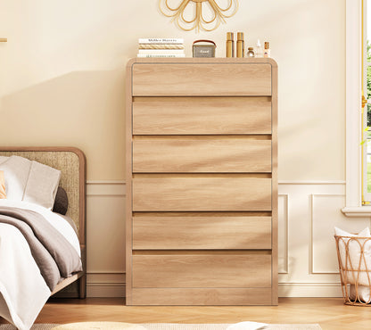 TEENFON Tall Drawer Dresser for Bedroom with 6 Drawers, 49.2" Tall Dressers & Chest of Drawers with Curved Profile Design, Wood Closet Storage Dressers Organizer for Bedroom, Living Room, Natural