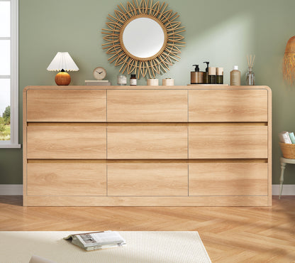 TEENFON 9 Drawer Dresser for Bedroom, 63" Wide Dressers & Chest of Drawers with Curved Profile Design, Wood Closet Storage Dressers Organizer for Bedroom, Living Room, Natural