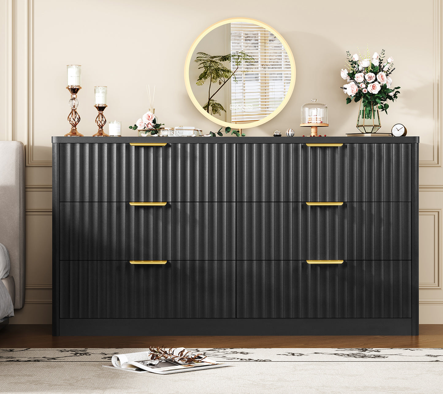 TEENFON Fluted 6 Drawer Dresser for Bedroom, Wide Modern Chest of Drawers with Metal Handle, Curved Profile Design, Wood Closet Clothes Storage Organizer for Bedroom, Living Room, Hallway, Black
