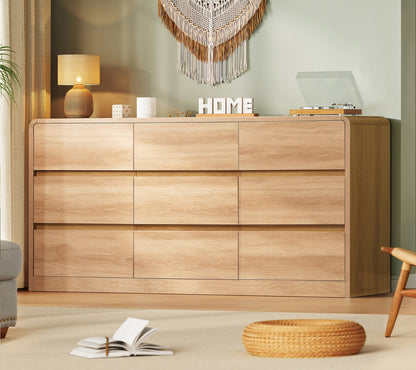 TEENFON 9 Drawer Dresser for Bedroom, 63" Wide Dressers & Chest of Drawers with Curved Profile Design, Wood Closet Storage Dressers Organizer for Bedroom, Living Room, Natural