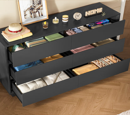 TEENFON 55" Dresser for Bedroom with 6 Drawers, Black Dresser with Metal Slide, Bedroom Dressers, Wood Dressers & Chests of Drawers for Bedroom, Hallway, Black