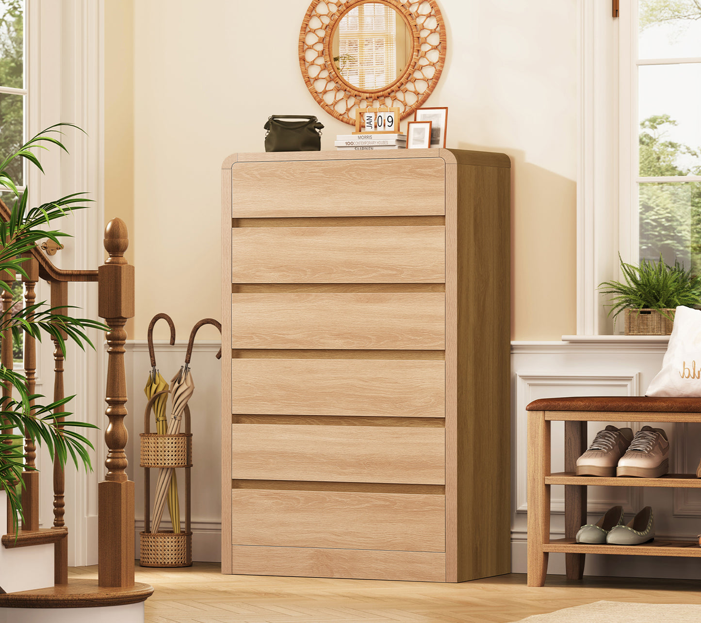 TEENFON Tall Drawer Dresser for Bedroom with 6 Drawers, 49.2" Tall Dressers & Chest of Drawers with Curved Profile Design, Wood Closet Storage Dressers Organizer for Bedroom, Living Room, Natural