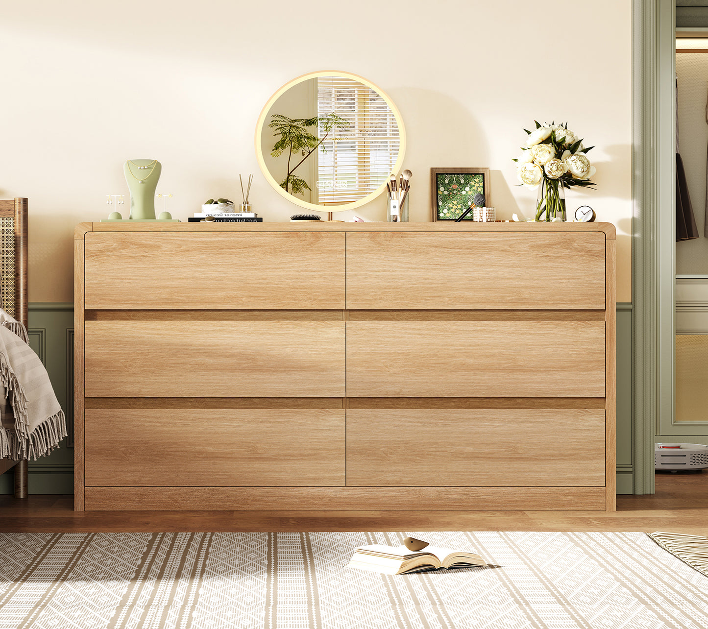 TEENFON 6 Drawer Dresser for Bedroom, 55" Wide Dressers & Chest of Drawers with Curved Profile Design, Wood Closet Storage Dressers Organizer for Bedroom, Living Room, Natural