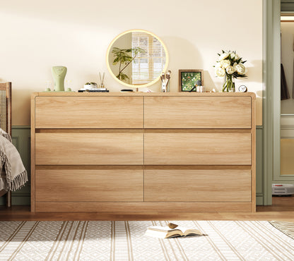 TEENFON 6 Drawer Dresser for Bedroom, 55" Wide Dressers & Chest of Drawers with Curved Profile Design, Wood Closet Storage Dressers Organizer for Bedroom, Living Room, Natural