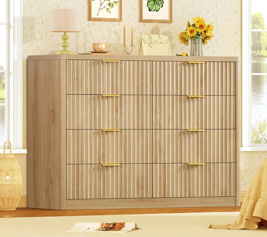 TEENOFN Fluted Dresser for Bedroom with 8 Drawers, 47.2" Wide Modern Chest of Drawers with Metal Handle, Dresser TV Stand, Wood Closet Clothes Storage Organizer for Living Room, Hallway, Natural