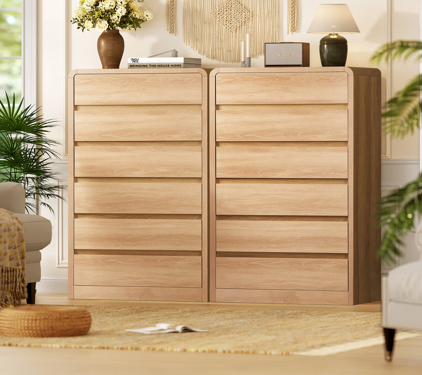 TEENFON Tall Drawer Dresser for Bedroom with 6 Drawers, 49.2" Tall Dressers & Chest of Drawers with Curved Profile Design, Wood Closet Storage Dressers Organizer for Bedroom, Living Room, Natural