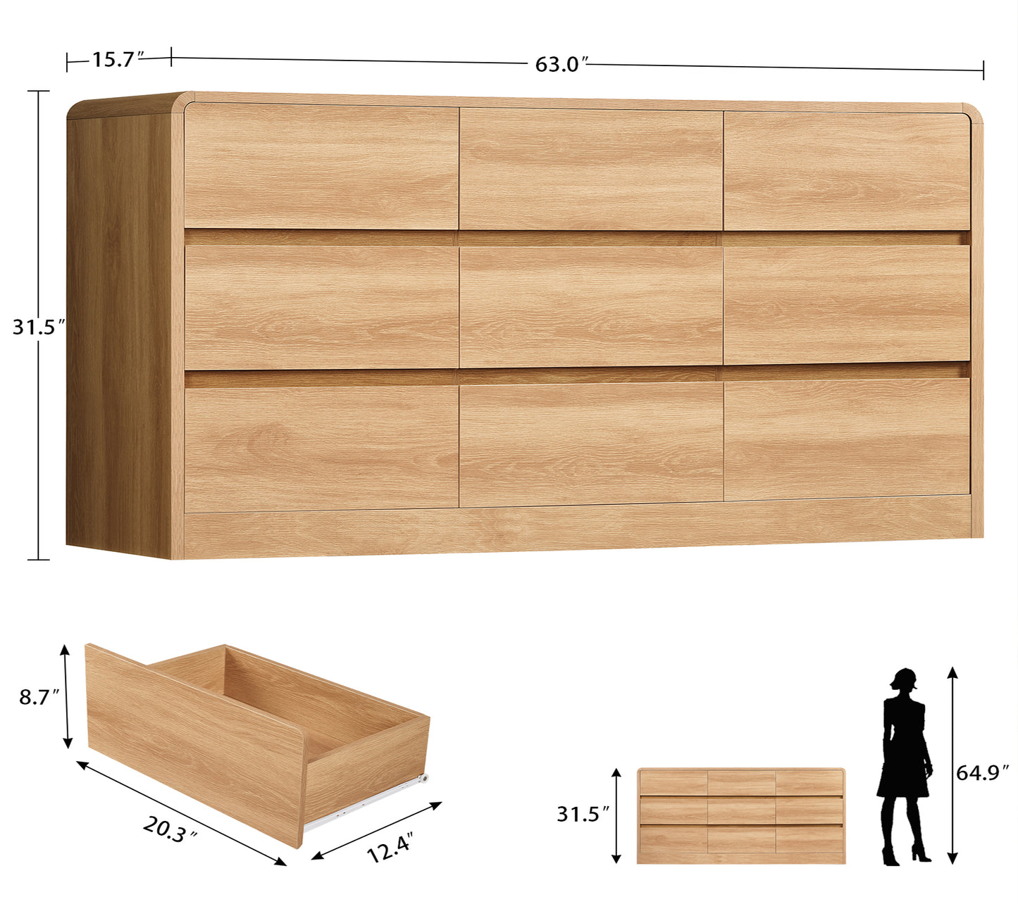 TEENFON 9 Drawer Dresser for Bedroom, 63" Wide Dressers & Chest of Drawers with Curved Profile Design, Wood Closet Storage Dressers Organizer for Bedroom, Living Room, Natural