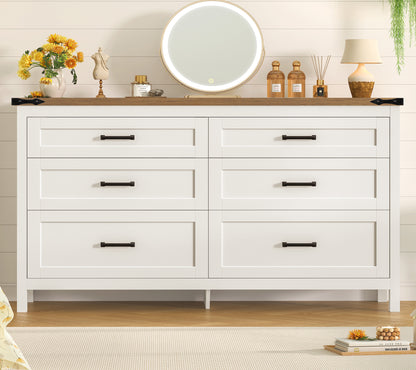 TEENFON White 6 Drawer Dresser for Bedroom, 47.2'' Farmhosue Dresser with Metal Handles, Wood Chest of Drawers, Bedroom Dressers for Living Room, Entryway, White