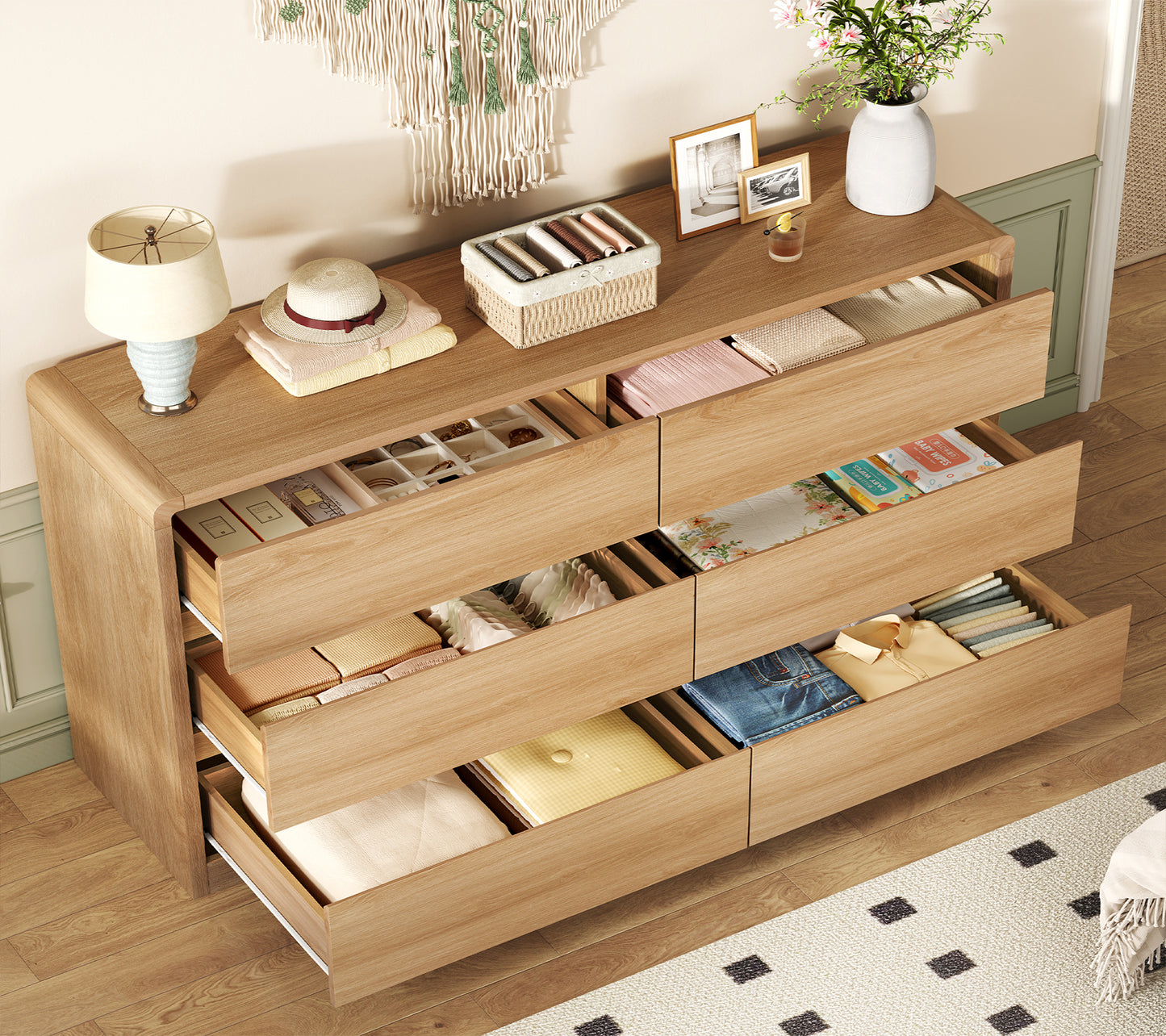 TEENFON 6 Drawer Dresser for Bedroom, 55" Wide Dressers & Chest of Drawers with Curved Profile Design, Wood Closet Storage Dressers Organizer for Bedroom, Living Room, Natural