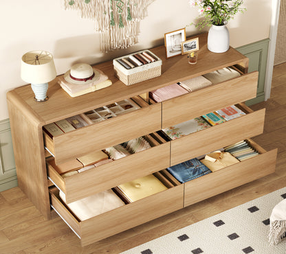 TEENFON 6 Drawer Dresser for Bedroom, 55" Wide Dressers & Chest of Drawers with Curved Profile Design, Wood Closet Storage Dressers Organizer for Bedroom, Living Room, Natural