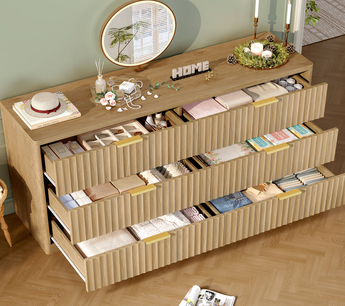 TEENFON 56.3'' Dresser for Bedroom with 6 Drawers, Dressers & Chest of Drawers with Curved Profile Design, 6 Drawer Dresser, Fluted Dressers, Wood Dressers for Bedroom, Living Room, Natural
