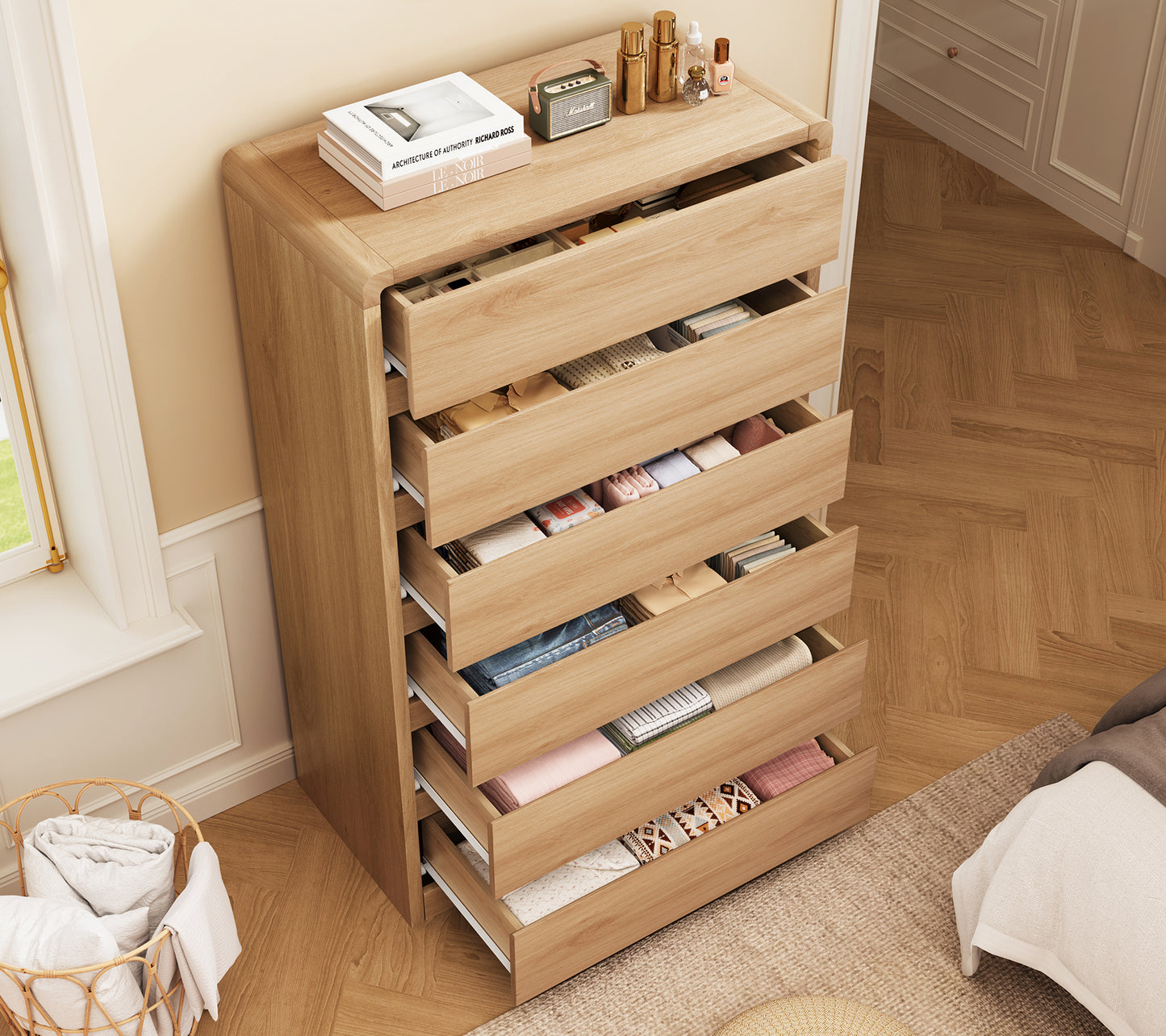 TEENFON Tall Drawer Dresser for Bedroom with 6 Drawers, 49.2" Tall Dressers & Chest of Drawers with Curved Profile Design, Wood Closet Storage Dressers Organizer for Bedroom, Living Room, Natural