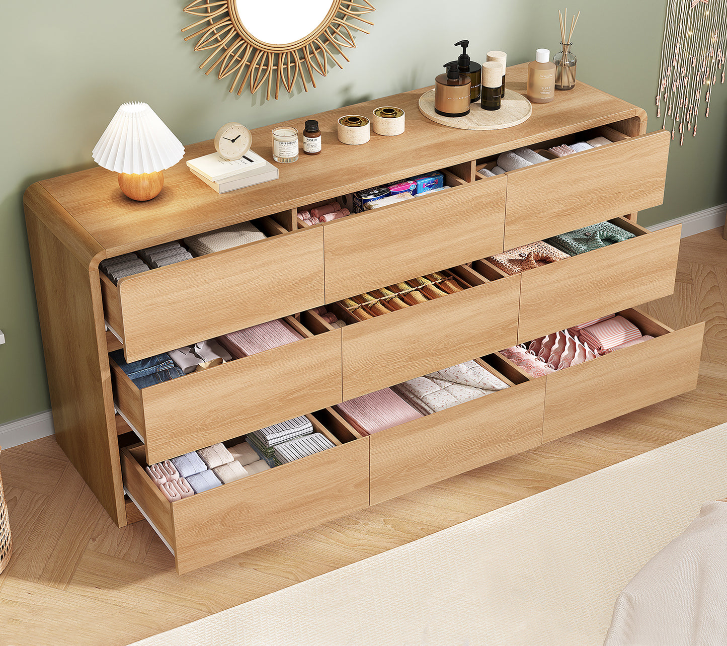 TEENFON 9 Drawer Dresser for Bedroom, 63" Wide Dressers & Chest of Drawers with Curved Profile Design, Wood Closet Storage Dressers Organizer for Bedroom, Living Room, Natural