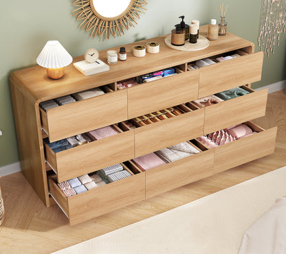 TEENFON 9 Drawer Dresser for Bedroom, 63" Wide Dressers & Chest of Drawers with Curved Profile Design, Wood Closet Storage Dressers Organizer for Bedroom, Living Room, Natural
