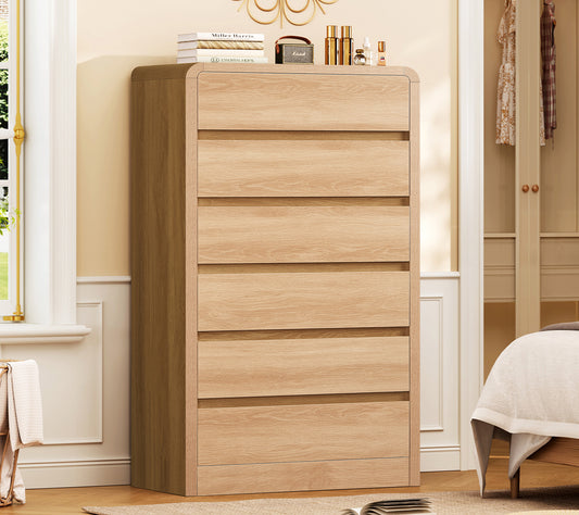 TEENFON Tall Drawer Dresser for Bedroom with 6 Drawers, 49.2" Tall Dressers & Chest of Drawers with Curved Profile Design, Wood Closet Storage Dressers Organizer for Bedroom, Living Room, Natural