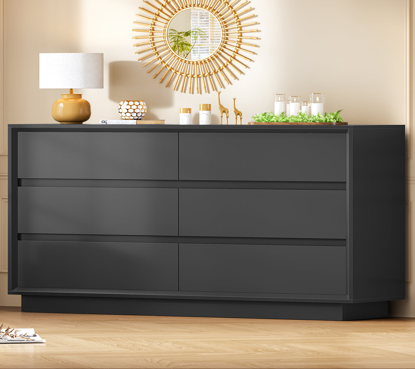 TEENFON 55" Dresser for Bedroom with 6 Drawers, Black Dresser with Metal Slide, Bedroom Dressers, Wood Dressers & Chests of Drawers for Bedroom, Hallway, Black