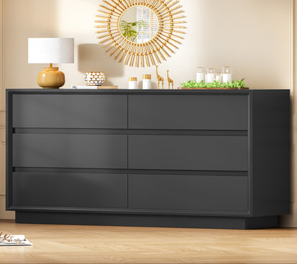 TEENFON 55" Dresser for Bedroom with 6 Drawers, Black Dresser with Metal Slide, Bedroom Dressers, Wood Dressers & Chests of Drawers for Bedroom, Hallway, Black