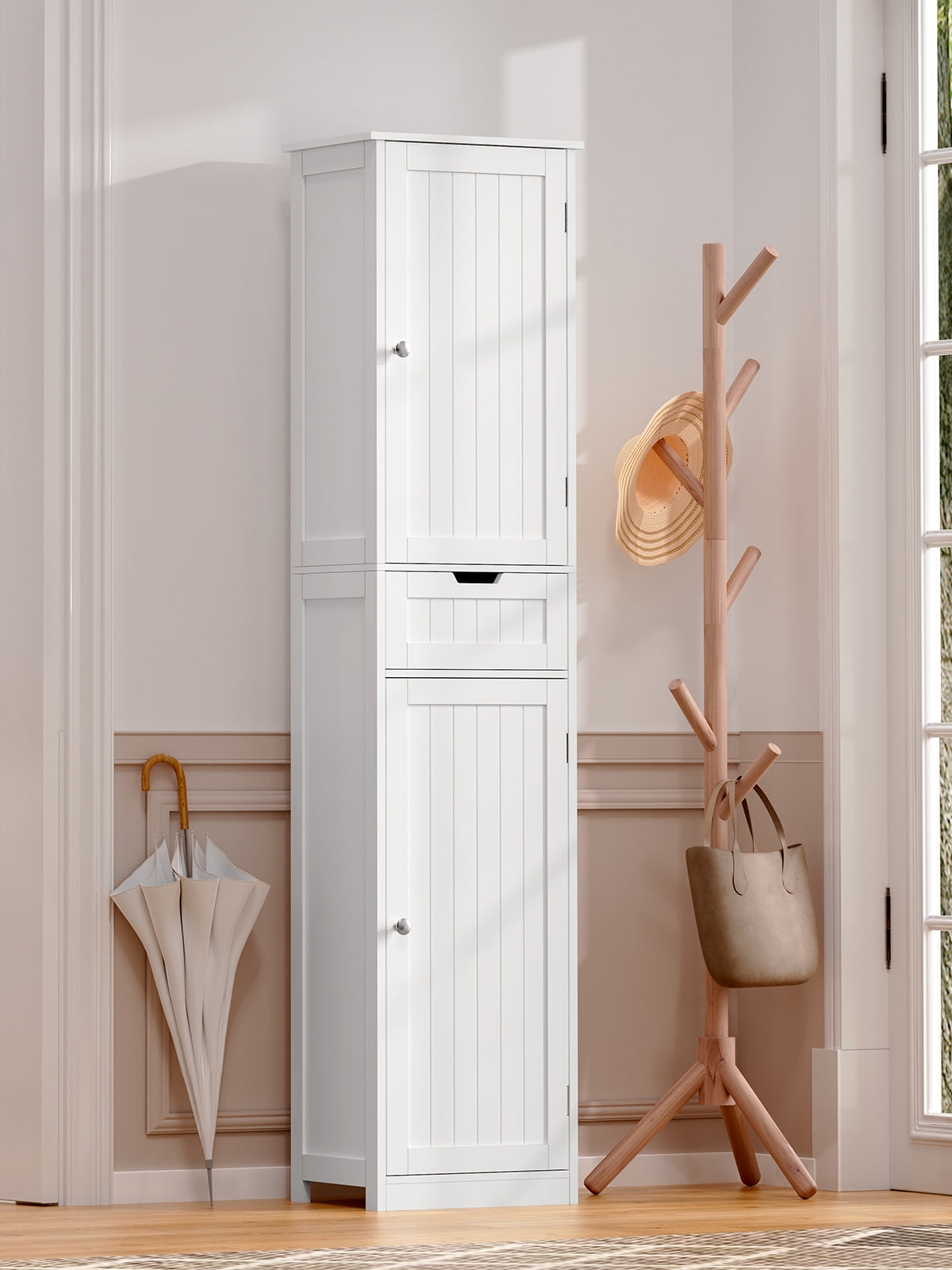 170cm Bathroom Closet, Bathroom Closet Narrow with 2 Doors and 1 Drawer, Bathroom Cabinet with Adjustable Shelves for Bathroom, Living room, Hallway, Kitchen, 40x30x170 cm, White