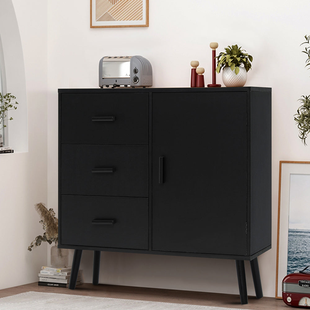 TEENFON Black Storage Cabinet with 3 Drawers & Adjustable Shelf, Sideboard Buffet Cabinet, Entryway Cabinets, for Living Room, Dining Room, Black